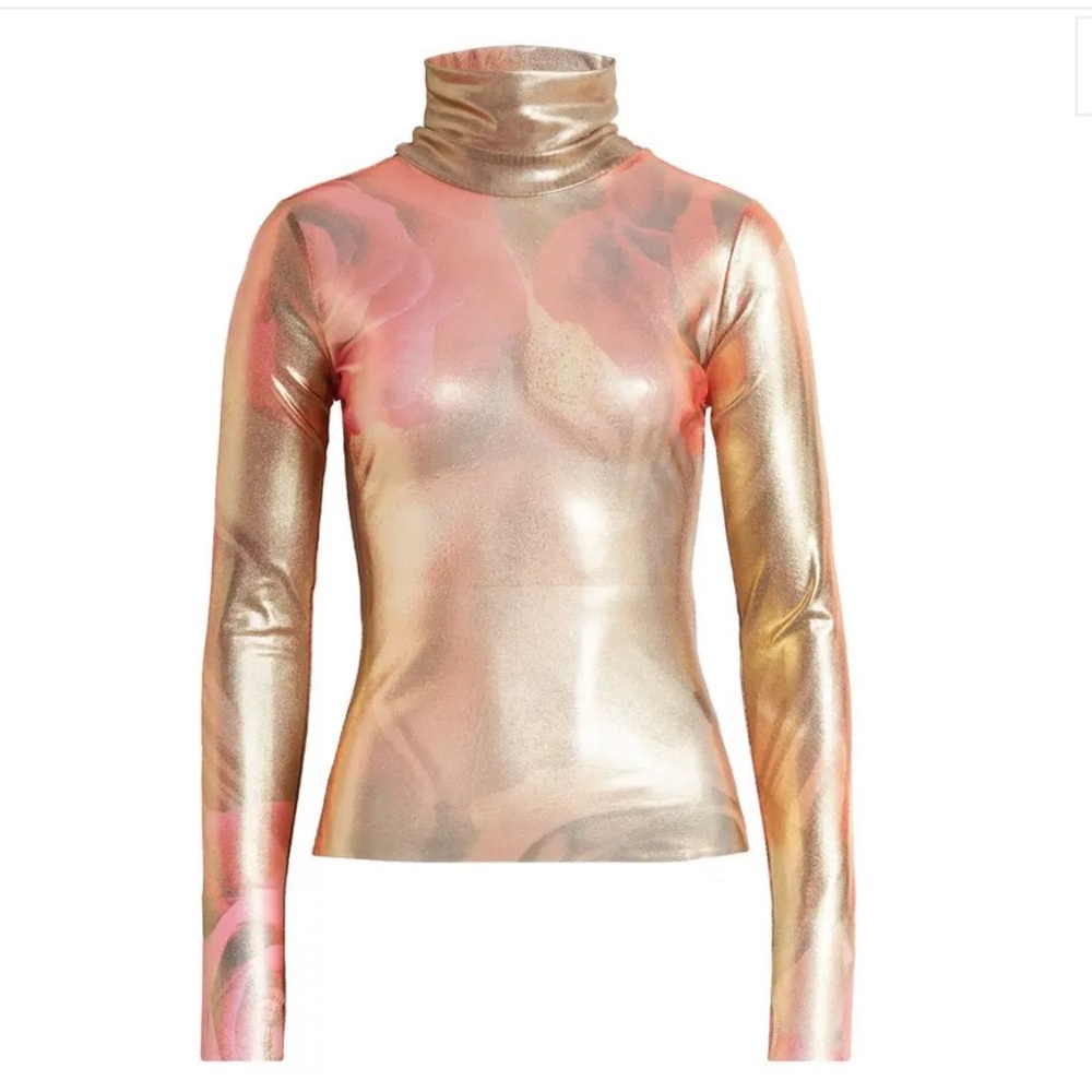 AFRM Metallic Long Sleeve Turtleneck Bodysuit in Gold and Rose